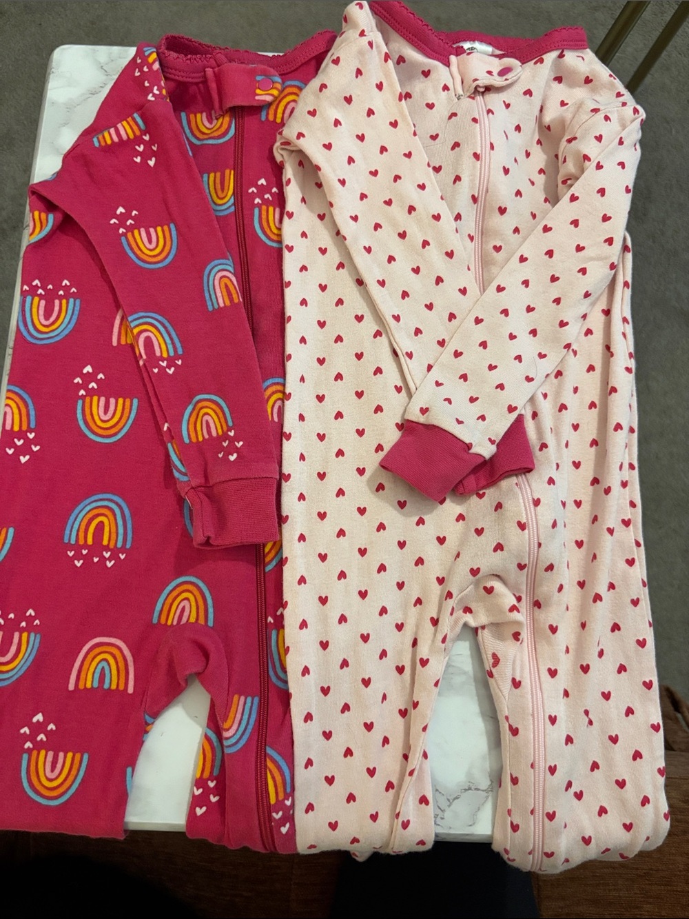 2 Pack Gerber Pink & Light Pink Heart and Rainbow Footie Pajamas